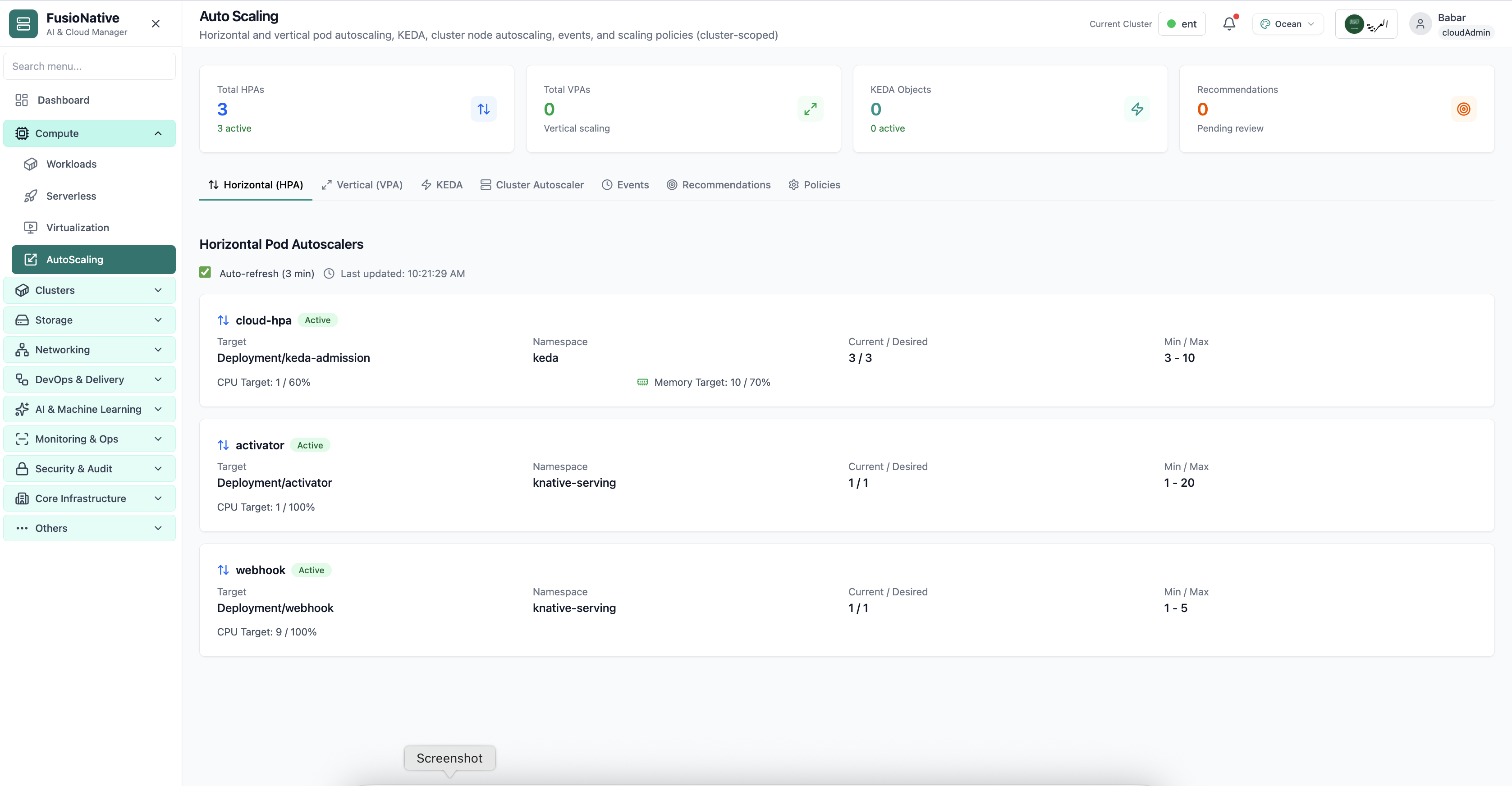 Kubernetes autoscaling configuration view.